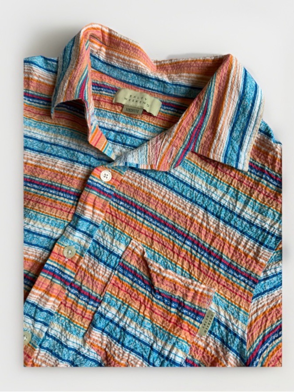 Salty Weekend Multicolor Striped Crinkle Seersucker Button Up Shirt M Festival